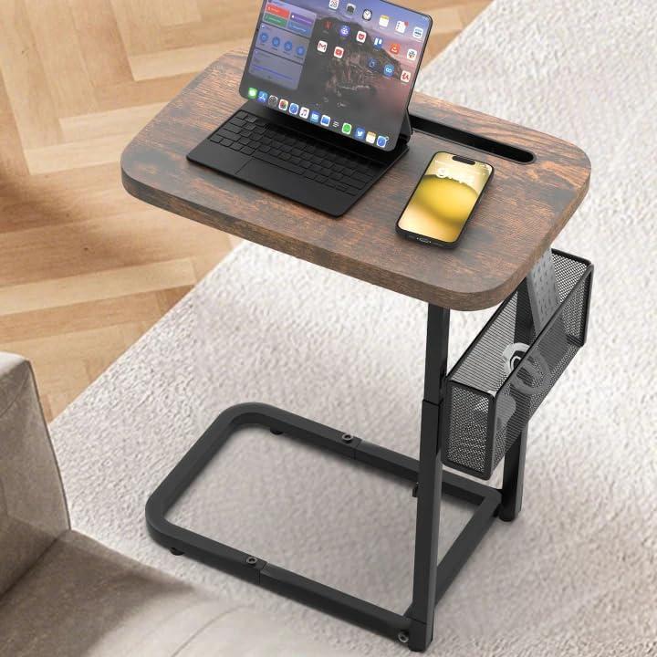 Fashion TV Tray Table with Large Tabletop, Adjustable Sofa Table with Storage Baskets, Strong Metal Frame, Tv Dinner Tray Table for TV Watching, Meals, Snacks (Square, Brown, 16.93inch x 12.6inch)
