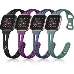 Odbeai 4 Pack Slim Sport Bands Compatible with Fitbit Versa 2 / Versa/Versa Lite/Versa SE Versa 2 Bands Women MenThin & Breathable Soft Silicone Replacement Wrist Bands for Versa Watch (Small 5.8"-7.6", Black+Purple+Blue Gray+Pine Green)