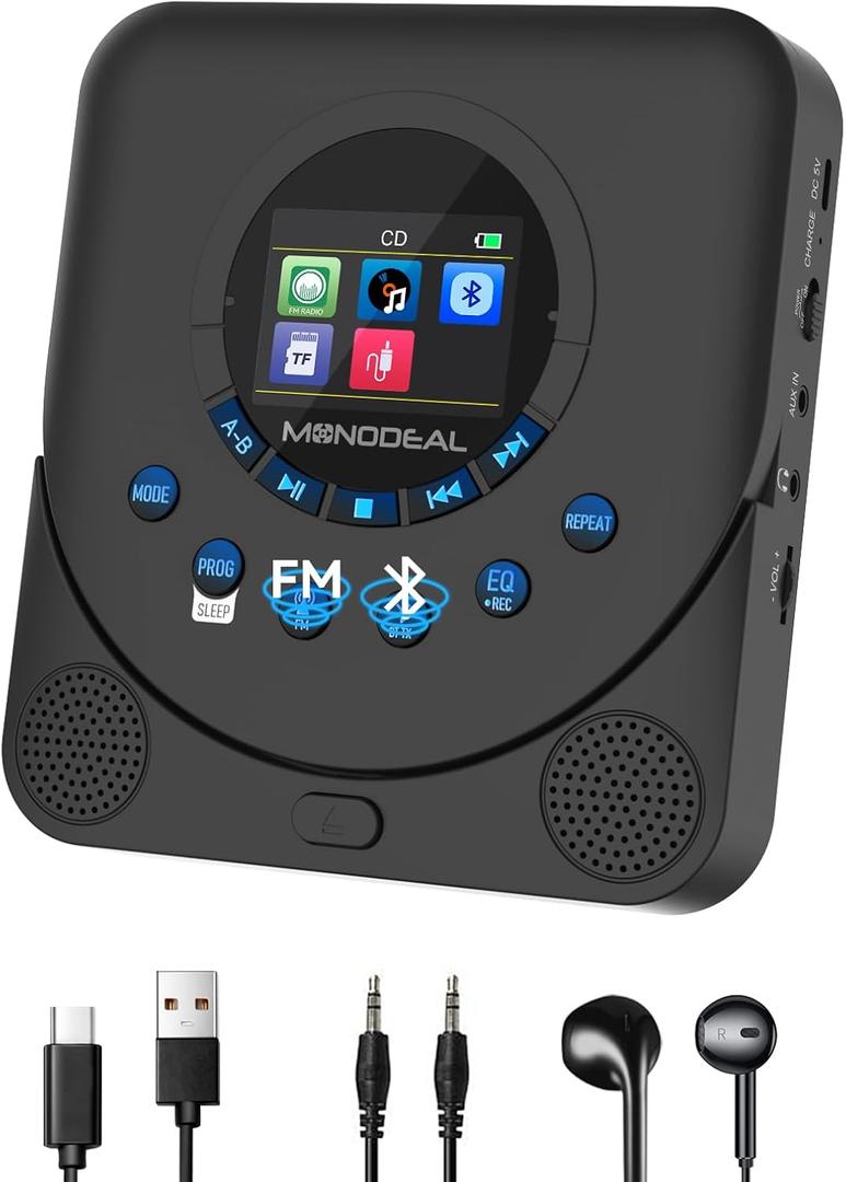 CD Player Portable,MONODEAL Dual Stereo with CD Player with Speakers,Rechargeable CD Player Bluetooth,Support TF Card,FM Receiver and Transmitter,Walkman CD Player with Sleep Timer,Colorful TFT Screen