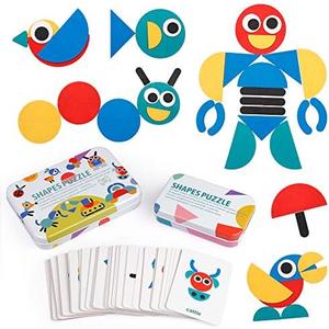 Coogam Wooden Pattern Blocks - Tangram Shape Puzzle Set Color Sorting Stacking Game Wood Animal Jigsaw Preschool Montessori Brain Teaser STEM Gift for 3 4 5 Years Old Toddler Kids (60 Pattern Cards)