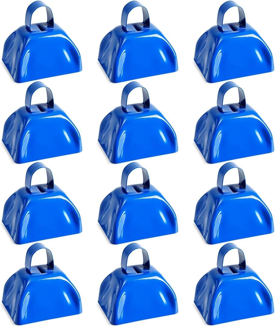 BLUE PANDA 3-Inch Cowbells with Handle - Stadium Cheering & Cow Bells for Sporting Events - Metal Noise Makers for Meetings - Football Noise Makers - Blue Cowbells - Pack of 12