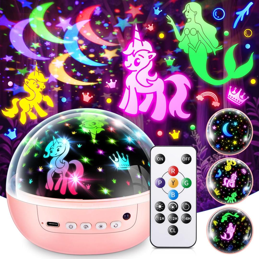 Girl Toys Age 1-10 Years Old, 3 Film & 93 Colors Princess Toys Mermaid Toys Unicorn Toys for Girls Age 4-6 Night Light for Kids Projector, Remote Control Little Girls Toys, Girl Gifts Toys for 3-8 (Pink)