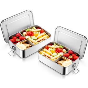 TeamFar 2 Pack Stainless Steel Bento Box, 47oz Metal Lunch Box with 3 Compartments for Adults/Kids, Lunch Food Containers for School/Work/Meal Prep, Leak-Proof & Dishwasher Safe, 1400ML