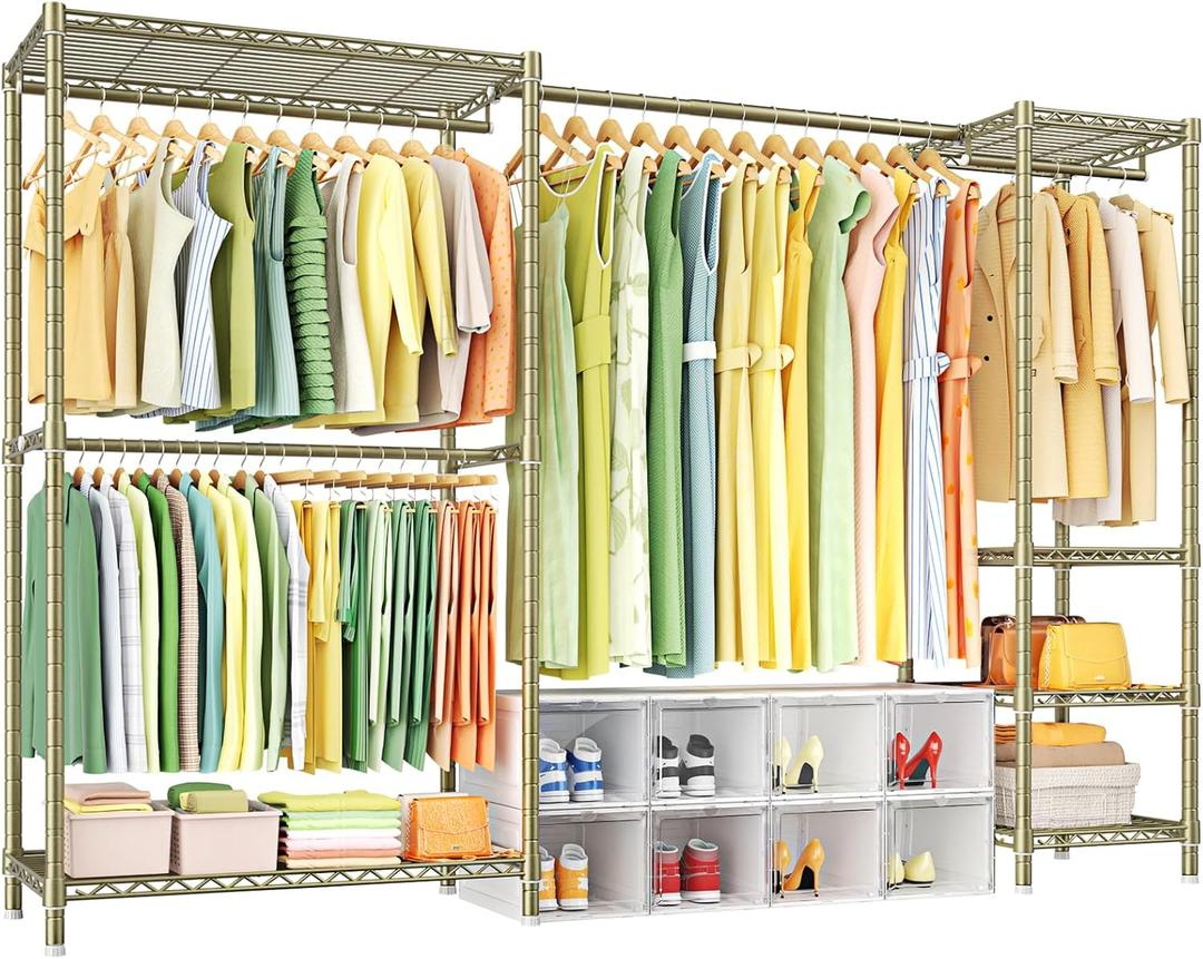 Ulif E10 Clothes RackWith Stretchable Hanger RodFreestanding Clothing Racks for Hanging ClothesAdjustable Closet Organizer SystemPortable Garment Rack 73-97"W x 15" D x 72" HMax Load 800LBSGold