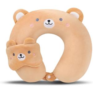 Kids Neck Pillow for Travel with Sleep Eye Mask, Cute Travel Neck Pillow, Memory Foam Flight Sleeping Headrest Pillow for Boys & Girls, Airplane, Train, Car, Home Use - Brown Bear