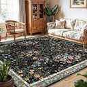 8x8 Square Area Rug Living Room, Non-Slip Floral Washable 8ft Square Rug Low Pile Thin Indoor Carpets for Dining Room Bedroom Office High Traffic Area Boho Vintage Home Decor (8ft Square, Black)