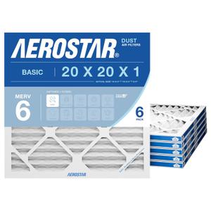 Aerostar 20x20x1 MERV 6 Air Filter, 6 Count, Actual Size (19.75 x 19.75 x 0.75), HVAC, Air Conditioning & Furnace Filter for Dust, Lint & Pollen Control (MPR 300 / FPR 3), Made in USA