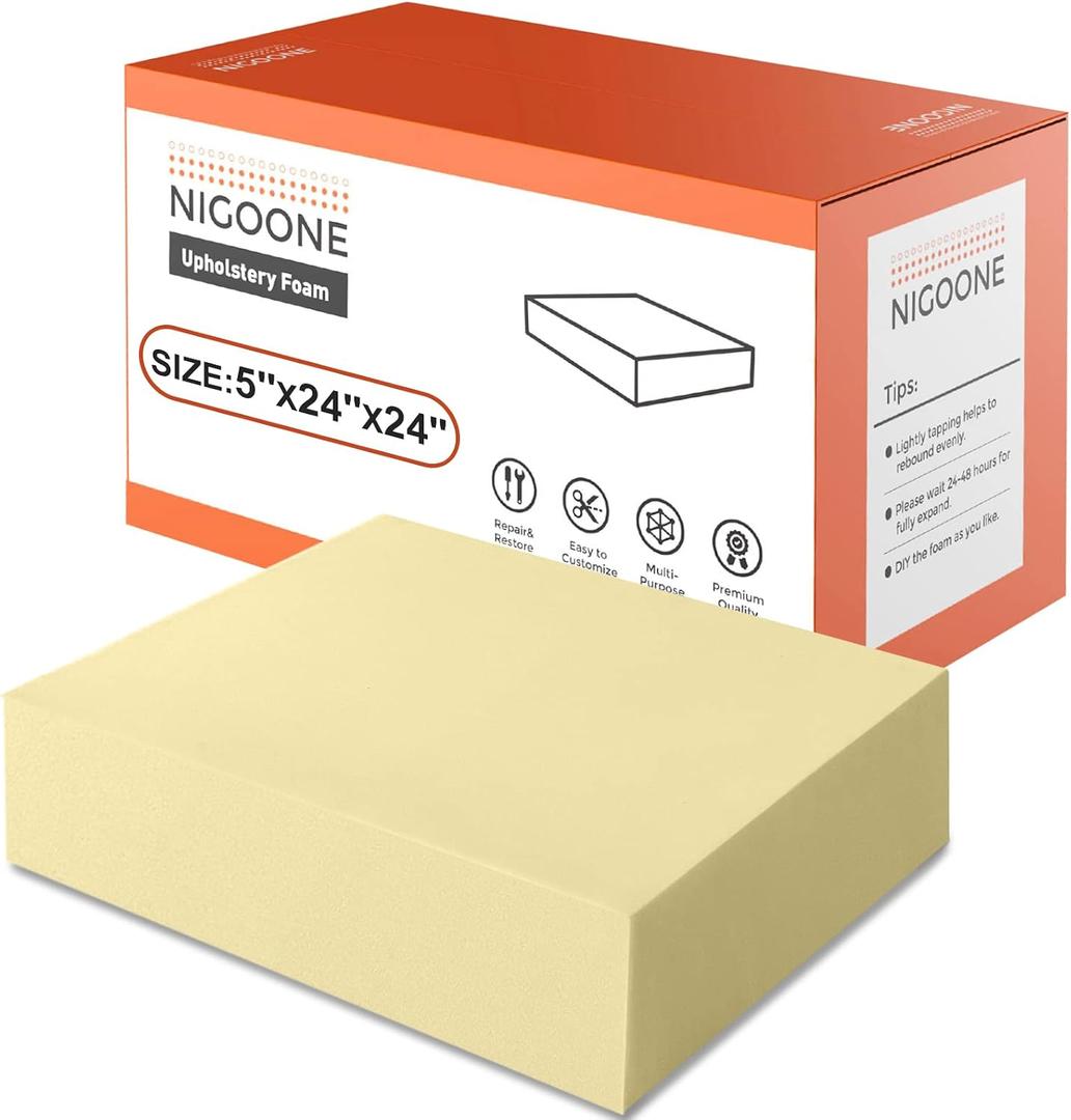 Nigoone Upholstery Foam Cushion 5"X 24"X 24" Square Foam Replacement Foam for Couch Chair Seat Padding, High Density Thick-Custom Pillow and Craft Foam Upholstery Supplies, 5 Inch Thick
