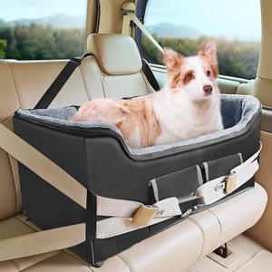 INFANZIA Dog Car Booster Seat, Elevated Pet Car Seats for Large Medium Dogs with Safety Leash, Washable Lookout Puppy Travel Seat with Storage Pockets for Pets Under 55 lbs (Large, Black)