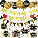 Pimvimcim Welcome Home Decorations, 40pcs 'We Missed You So Much' Banner Balloon Hanging Swirls Kit, Gold & Black 'Welcome Back' Theme Sign Party Supplies, Homecoming Party Decor