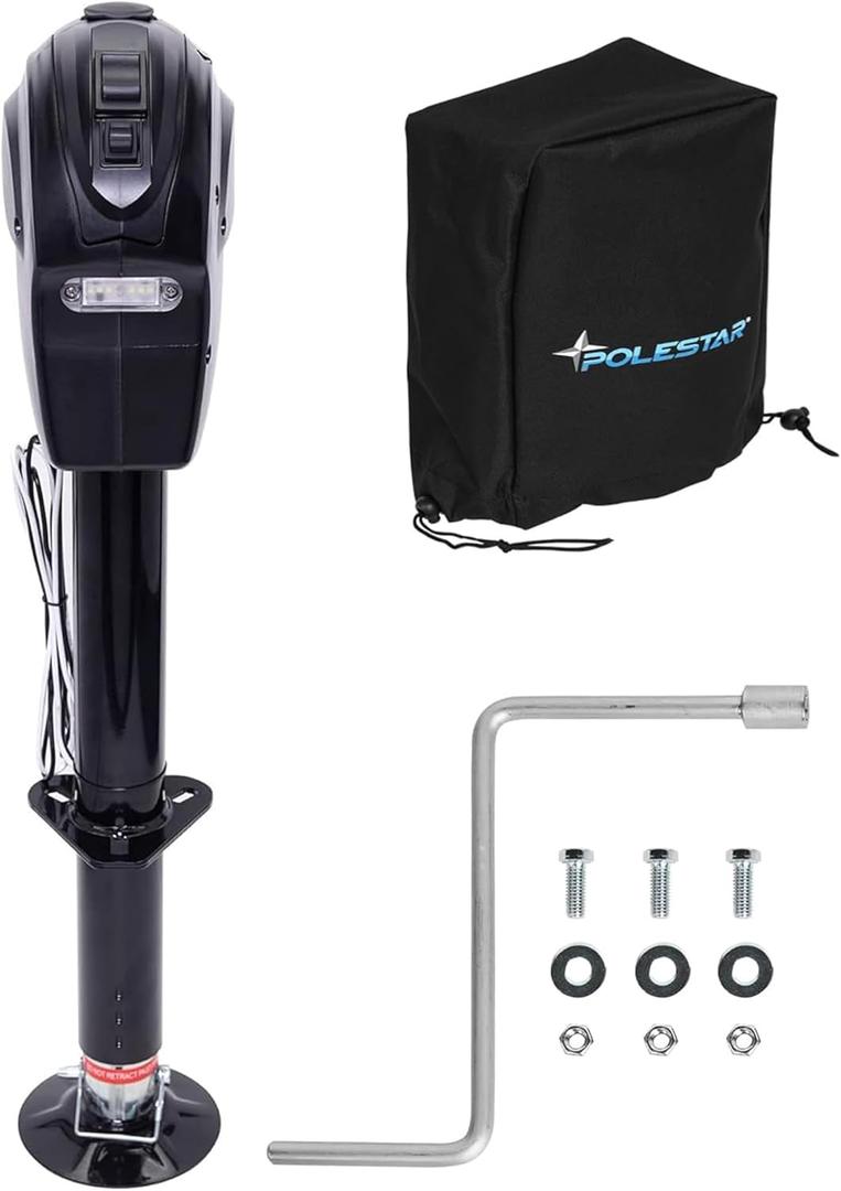 POLESTAR Electric Trailer Jack, 5000lbs Electric Power A-Frame Tongue Jack with Waterproof Protective Cover & LED Light for Travel Trailer Camper, RV, 12V DC with Hard Wiring, 9"-27" Lift
