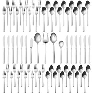 Alata Cube 65-Piece Forged Stainless Steel Flatware Set Cutlery Set with Utensil-Serving Set, Silverware Set Service for 12, Mirror Finish, Dishwasher Safe
