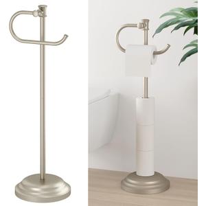 Hoimpro 25" Toilet Paper Holder Free Standing, Floor Bathroom Toilet Paper Tissue Roll Holder with Shelf Storage Stand for 4 Rolls, Freestanding Handle Hardware Accessories Rack Brushed Nickel