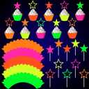 40 Pieces Glow Party Neon Party Supplies Glow Cake Toppers Neon Star Cake and Cupcake Wrappers Birthday Cupcake Pick for Glow Neon Birthday Wedding Halloween Party Black Light Reactive