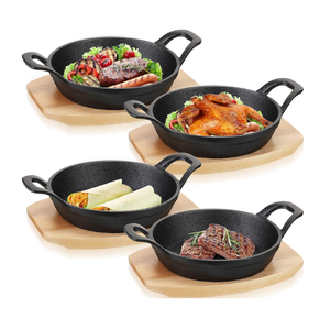 Sliner 4 Sets Mini Cast Iron Skillet Small Cast Iron Plates Skillet with Wooden Base Small Round Pan Fajita Plate Pot for Baking Cooking(6.3 Inches)