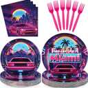 96 Pcs Bienvenido a Miami Party Decorations, Serves 24 | Retro Summer Disco Plates and Napkins Tropical Neon Tableware Set for Miami Birthday Summer Beach Disco Style Pool Party
