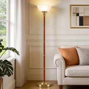 EJIAXIN Wood Floor Lamp for Living Room - Gold Standing Lamp with Glass Shade Torchiere Floor Lamps for Bedroom - Mid Century Modern Corner Tall Lamps for Home Office Nursery Industrial Reading Light