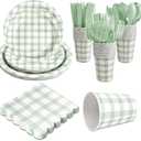 Gingham Party Supplies for 24 Guests Thick Paper Plates and Napkins Knives Spoons Forks Cups Disposable Party Set Cutlery for Dinner Baby Shower Wedding Favor (Sage Green)