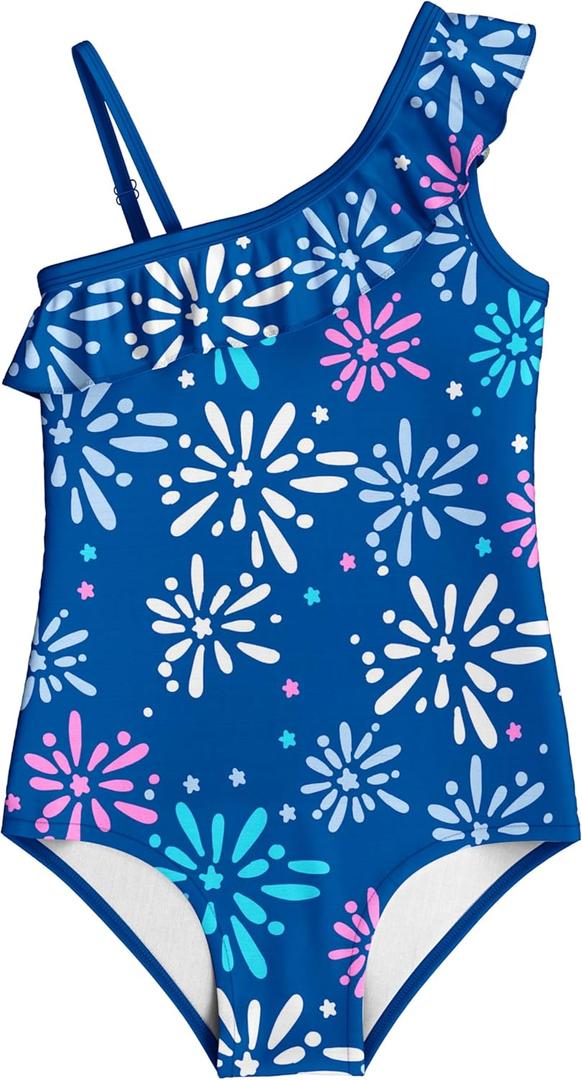 LQSZ Girls One Piece Swimsuit One Shoulder Ruffle Bathing Suit Summer Swimwear (3-4T, Blue-style22)