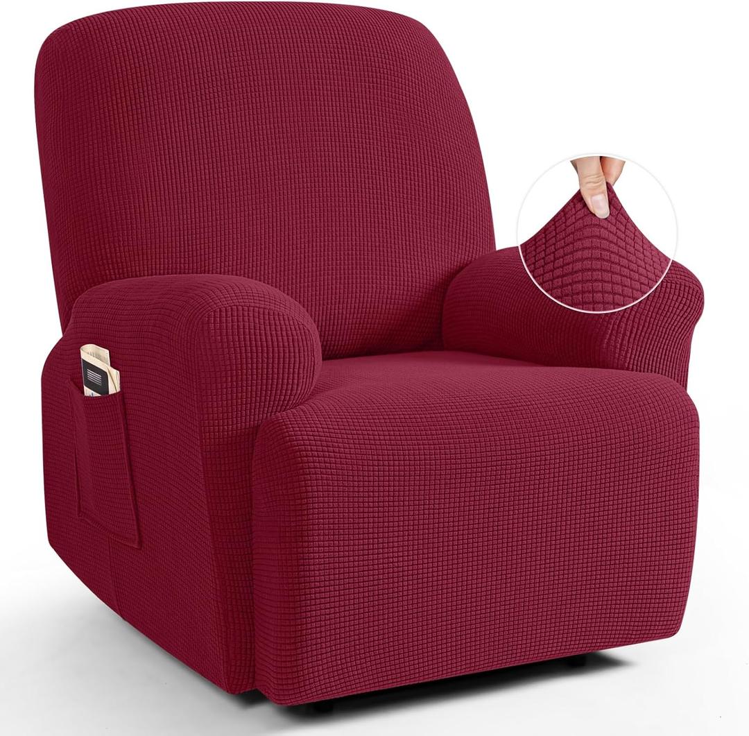 TAOCOCO Recliner Cover 4-Pieces, Recliner Stretch Sofa Slipcover, Recliner Cover 1 Seater, Couch Protector Soft, Furniture Protector Covers with Elastic,Chair Covers Jacquard Pattern (Burgundy)