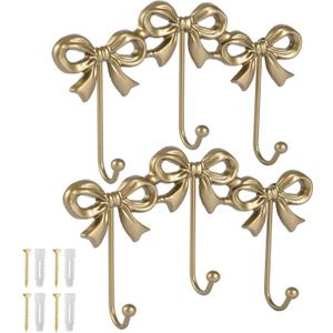 2Pcs Gold Bow Hooks Coat Rack, Wall Mount Coat Hook, Bow Room Wall Decorations, Wall Hook for Hanging Coat, Hat, Jacket (Gold