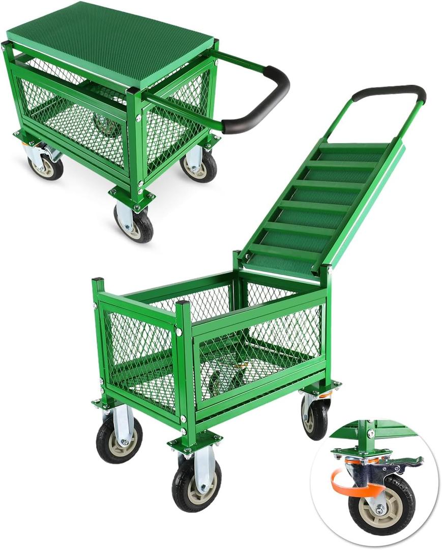 Garden cart with seat and Wheels - Lockable 360 Swivel Wheels & HeavyDuty  Foam Handle Grip, Large Mesh Storage Basket  Comfortable Garden Rolling Seat for Seniors, Patio, Lawn & Yard