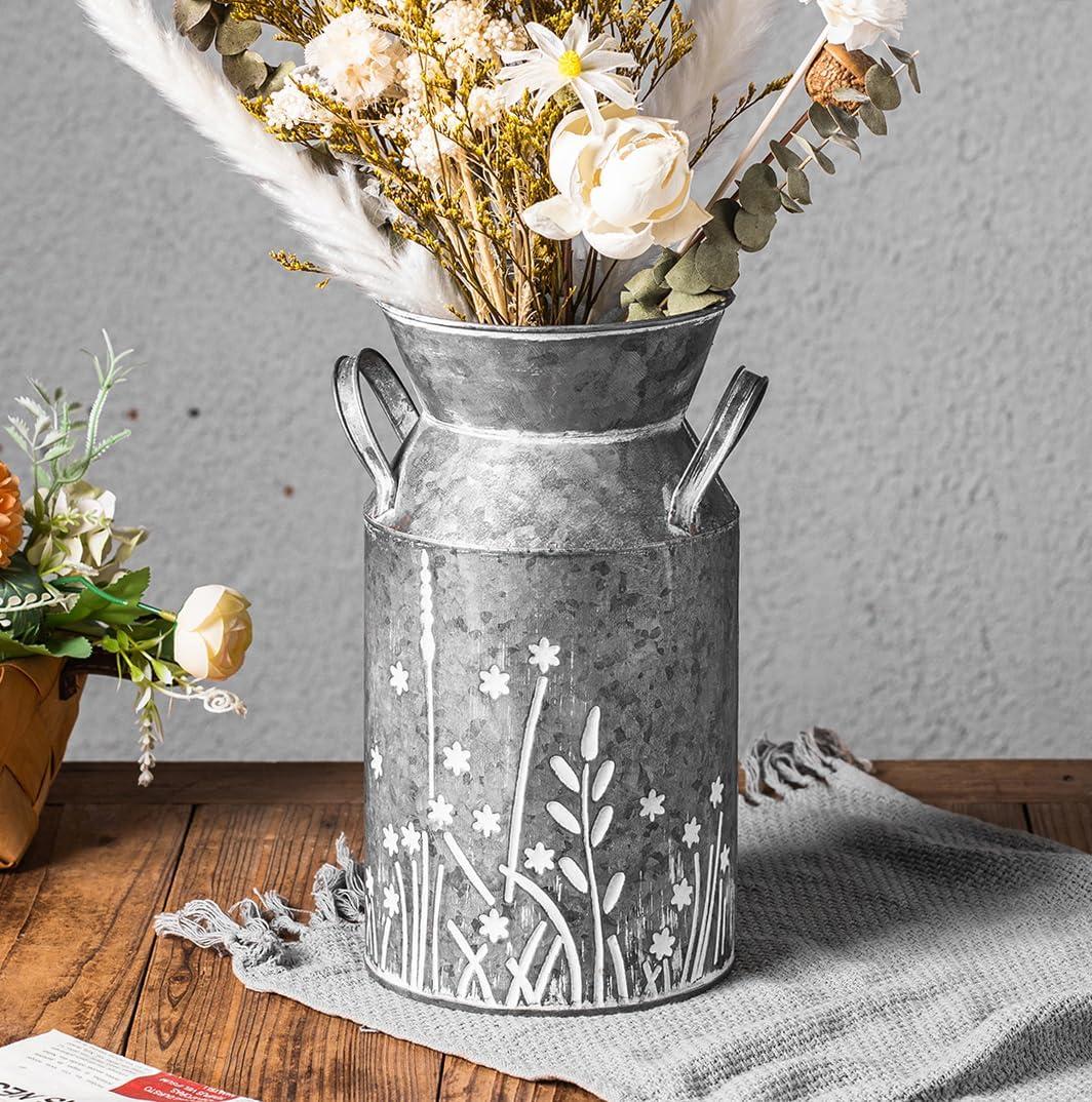 Vintage Galvanized Metal Milk Can, Farmhouse Rustic Flower Pitcher Vase, Decorative Floral Milk Jug Vase for Home Dcor, 10.8H