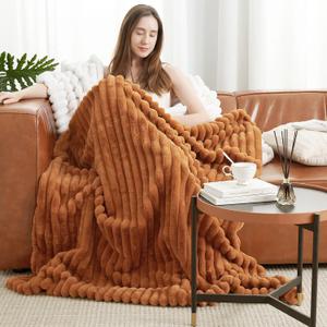 Amlie Home Faux Fur Throw Blanket for Couch, Cozy Fuzzy Fluffy Fur Luxurious Soft Striped Plush Gift Blankets for Family Sofa Chair Bedroom, 55"x70", Orange Brown