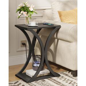 CHOEZON End Table with Charging Station, 2-Tier Modern Side Table, Nightstand with Storage Shelf, for Small Spaces, for Living Room, Bedroom, Black TBZ20UBB, 15.7"L x 11"W x 23.6"H