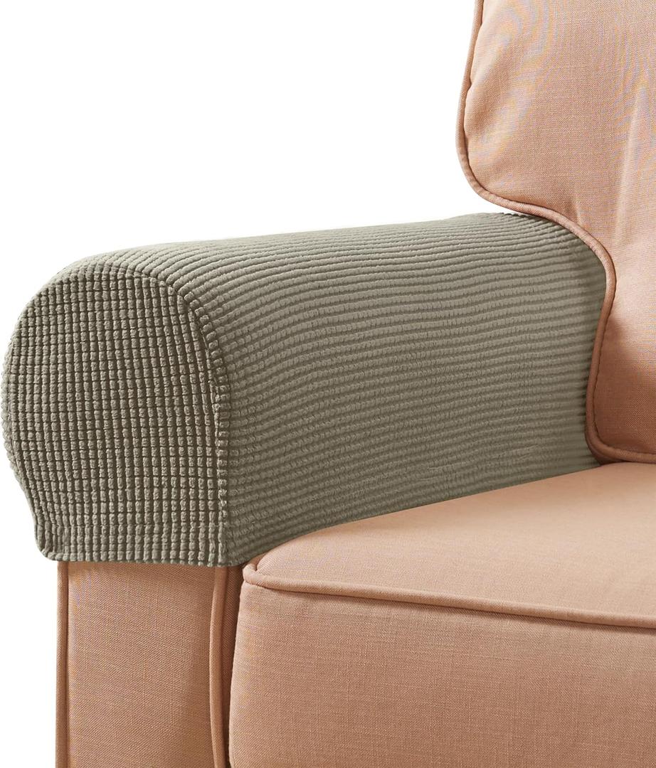 SUBRTEX Stretch Couch Arm Covers Set of 2, Checkered Sofa Arm Slipcovers, Anti-Slip Armrest Covers for Recliner and Armchairs, Pet Proof, High Stretchy, Hook & Loop Tape, Olive Green