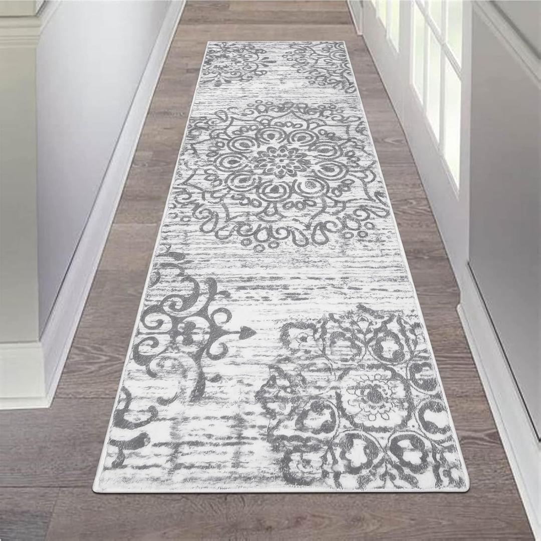 HEBE Hallway Runner Rug 2'x6' Washable Vintage Distressed Area Rugs Non Slip Laundry Rug Runner Boho Floor Carpet Runners for Hallways Entryway Laundry Room Kitchen Bathroom (Grey)