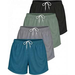 Real Essentials 4 Pack: Womens Active Athletic Performance Mesh Shorts with Pockets (Green, L)