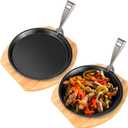 Mimorou 2 Set 8.7 Inch Cast Iron Fajita Plate Set with Wooden Base Anti Scald Protection Removable Handle Fajita Plate Sizzling Pan Cast Iron Skillets Sets for Home Restaurant Kitchen BBQ Cooking
