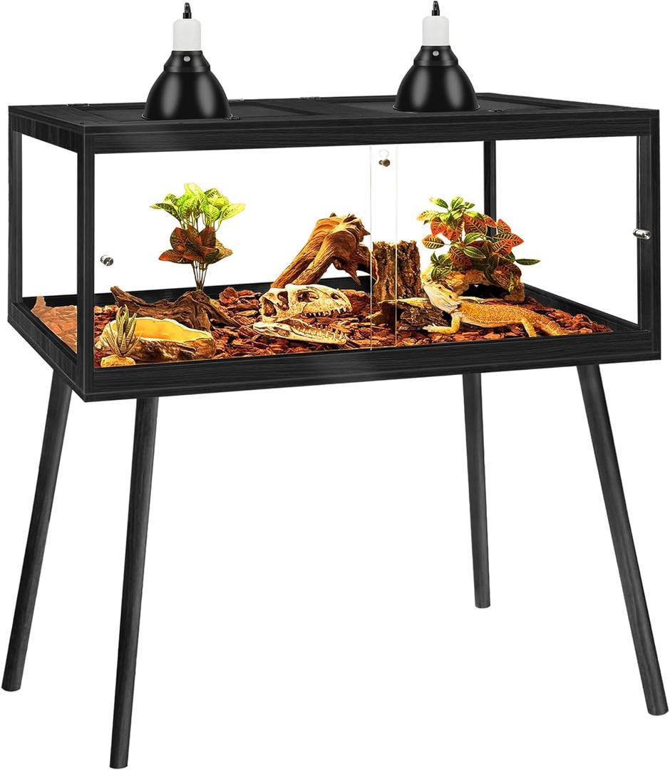 PROLEE Bearded Dragon Tank with Leg Stand 81 Gallons, Wooden Lizard Tank,Reptile Tank with Metal Mesh Roof Door, Acrylic Panel Snake Tank with Lock Design (Black, 48"x20"x20")