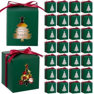 ReliThick 50 Set Candle Gift Box Transparent Gift Packaging for 4-10 oz Candles 50 Paper Thank You Tag for Wedding Birthday Baby Shower Party Favor, 3.35x3.35x3.94 in(Green,Christmas Tree)