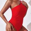 Women One Shoulder One Piece Swimsuit Tummy Control Bathing Suits Modest Full Coverage Cutout Swimwear (Red)