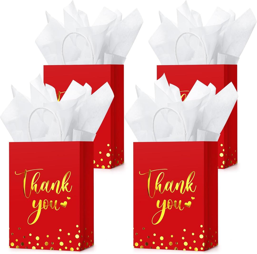 Tinlade 12 Pcs Thank You Gift Bags with Tissue Paper Gold Polka Dots Thank You Bags with Handle Party Favor for Wedding Birthday Baby Shower Business Shopping(Red)