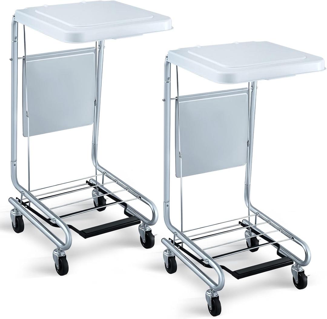 2 Pcs Hamper Stand with Step-on Foot Pedal and Self-closing Lid, Laundry Room Storage, Metal Frame, Holds 30-33 Gallon Capacity Bags for Dorm, Hotel, Home (Bags Not Included), 17.7 x 19.7 x 38.6 inch