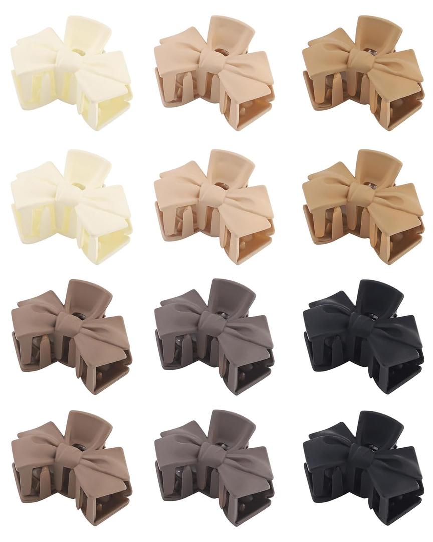 2 x Butterfly Hair Clips: Flower Small Claw Clips for Women - 12pcs Matte Cute Hair Clips for Girls (Bow - Black + Beige + Brown + Coffee)