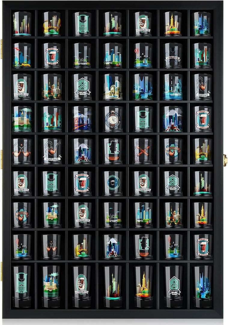 TJ.MOREE Shot Glass Display Case 63 Slots Glass Display Holder Wall Mounted with Lockable Door, Black
