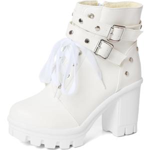 MEOTINA Goth Platform Boots Lace Buckle Gothic Cosplay Booties Chunky High Heels Ankle Boots Zipper Punk Shoes (10.5)