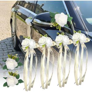 6 PCS White Rose & Peony Wedding Car Decoration Kit Floral Bouquet Car Door Handle & Mirror Flowers with Satin Ribbon Bows, Elegant Artificial Floral Accessories for Just Married Car Decor (White)