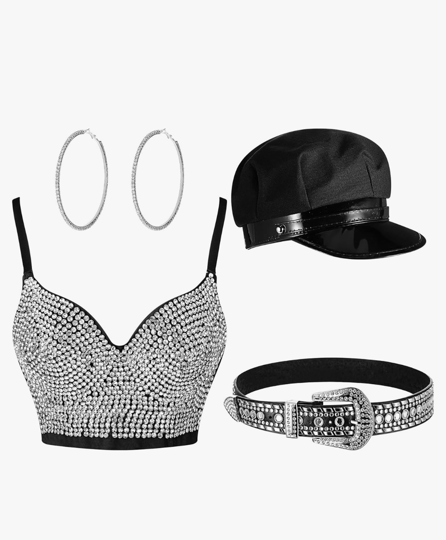 4 Pcs Rhinestone Bustier Top Costume Women's Push up Crop Top Diamond Belt Chauffeur Hat Earrings Hoop size M