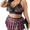WDIRARA Women's Plus Size Tartan School Girl Costume Sexy Lingerie Set Bralette and Skirt (XX-Large Plus, Red Plaid)