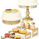 ZUMELER 5pcs Cake Stand, Gold Metal Cupcake Cake Pop Stand Holder Set for Dessert Table Cupcake Risers Stands with Handle Round Cake Pedestal Stand Display for Wedding, Birthday, Baby Shower, Party