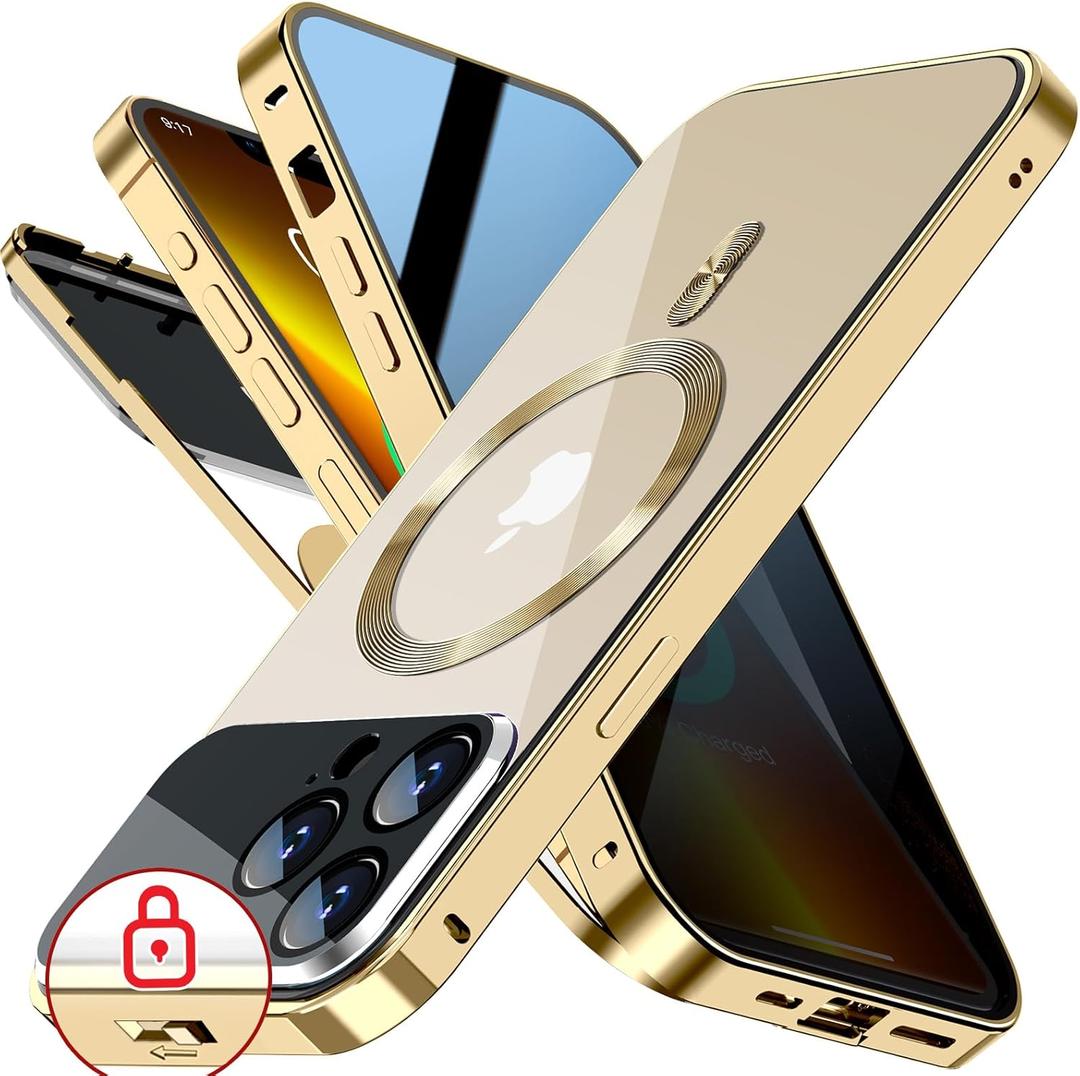 [Full Camera Protection& Mechanical Lock]Magnetic Privacy Case for iPhone 13 Pro Max [Compatible with MagSafe][CD Metal Ring]Full Body Shockproof Metal Bumper, 9H Anti Peeping Glass Cover-Gold