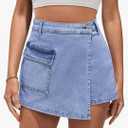 luvamia Denim Skorts for Woman Cargo Faux Wrap Jean Skort Skirts Stretchy High Waisted Skirt Shorts Country Concert Wear, M