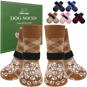 EXPAWLORER Dog Socks for Hot Pavement to Prevent Licking Paws, Anti Slip Doggie Booties Grippy Shoes for Hardwood Floors, Boots & Paw Protectors for Small Medium Large Senior Dogs Khaki, M