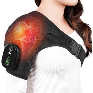 Cordless Shoulder Heating Pad & Massager, Electric Heated Shoulder Brace Wrap, Heating Pads for Rotator Cuff and Frozen Pain Relief,5000mAh Chargeable Powered, Men & Women, Black