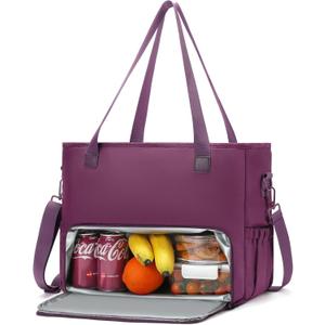 Lunch Tote Bag for Women with 15.6" Laptop Compartment, Work Tote Bag with Insulated Lunch Compartment, Large Casual Canvas Handbag Luncg Bags for Nurse, Teacher, Office, Travel, Beach, Purple